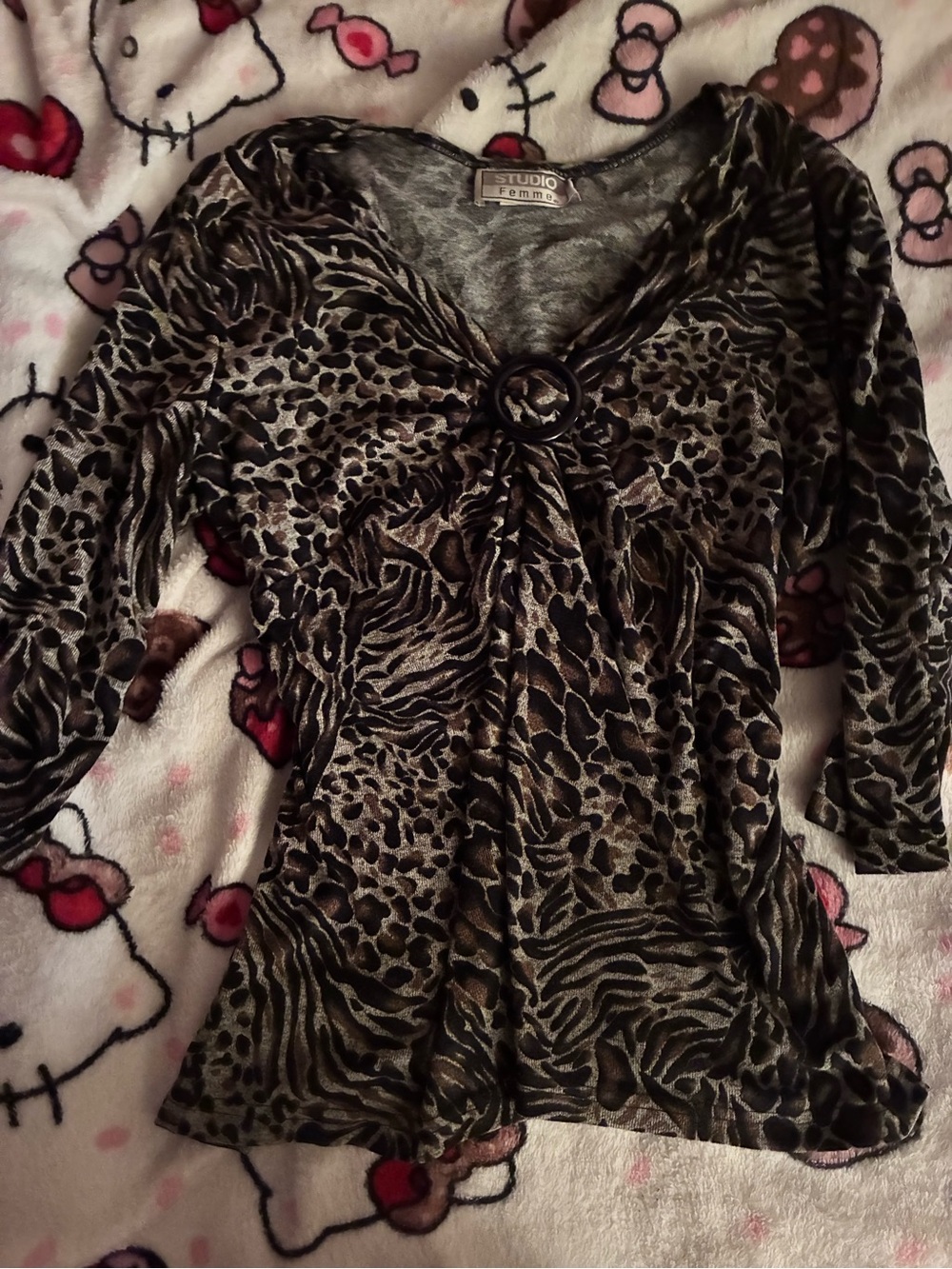 Animal-Print V-Neck Women’s Top in Brown/Black Y2K